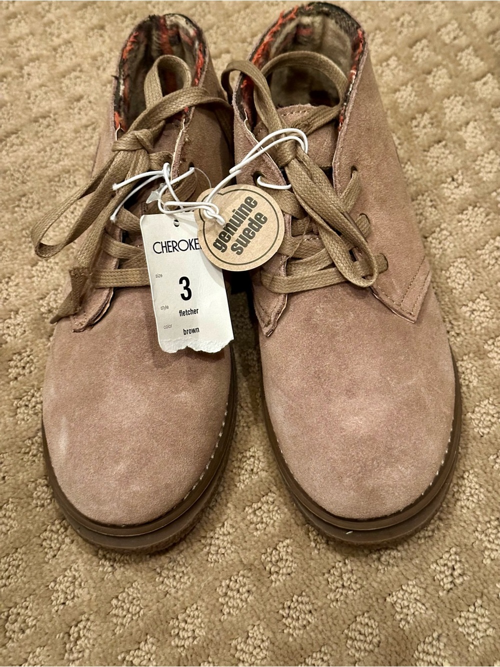 Cherokee Tan Suede Kids Lace-Up Ankle Boots